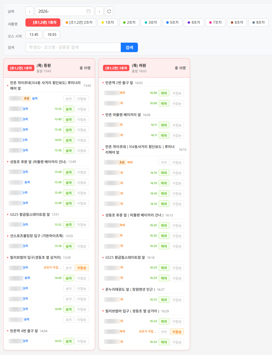 버스별 학생 승하차 실시간 확인 화면